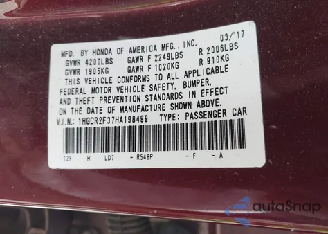 2017 Honda Accord Lx z USA, uszkodzony, nr VIN 1HGCR2F37HA198499